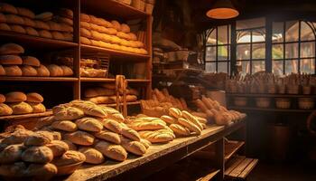 ai généré fraîchement cuit pain sur en bois étagère dans rustique boulangerie atelier généré par ai photo