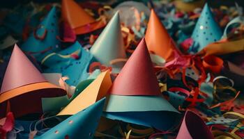 ai généré fête de joie, coloré décoration, confettis en volant, fête chapeau amusement généré par ai photo