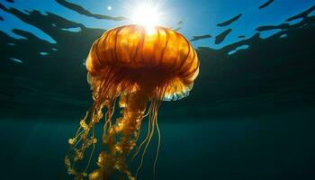 ai généré sous-marin animal nager dans bleu eau, entouré par tropical récif généré par ai photo