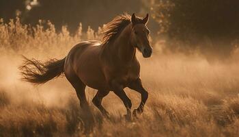 ai généré cheval fonctionnement librement dans prairie, profiter le tranquille été le coucher du soleil généré par ai photo