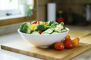 ai généré cuisine encore la vie avec blanc bol de lavé des légumes sur en bois bureau. ai généré photo