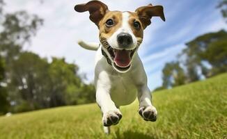 ai généré jack russel pasteur chien courir vers le caméra faible angle haute la vitesse tir. ai généré photo