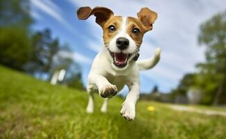 ai généré jack russel pasteur chien courir vers le caméra faible angle haute la vitesse tir. ai généré photo