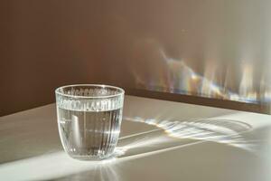 une verre de nettoyer en buvant l'eau dans le Matin Soleil. photo