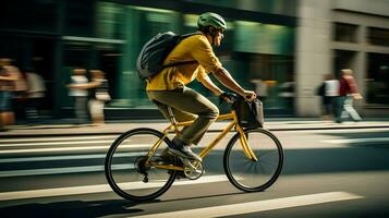 ai généré côté profil la photographie de une Masculin cavalier sur une Jaune vélo. haute qualité. ai génératif photo