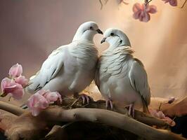 ai généré l'amour photo de mignonne blanc pigeons avec rose fleurs. haute résolution. ai génératif