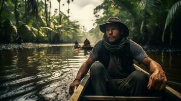 ai généré explorateur dans canoë sur amazonien rivière ai généré photo