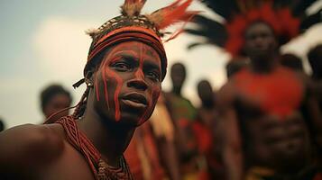 ai généré tribal guerrier avec traditionnel peindre ai généré photo