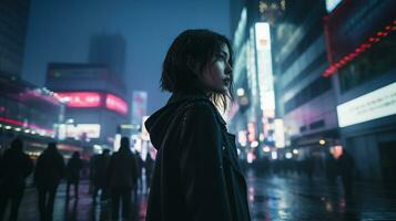 ai généré Jeune femme dans Urbain tokyo vie nocturne ai généré photo