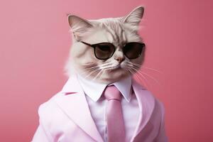 ai généré une chat est portant des lunettes de soleil et costume sur rose Contexte. ai généré photo