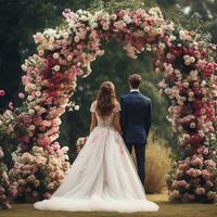 ai généré mariage cérémonie, la mariée et jeune marié supporter en dessous de une fleur cambre, autel. magnifique mariage dans le jardin, fleurs photo