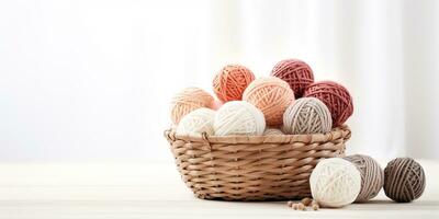 ai généré panier avec des balles de fil pour tricot, crochet sur une blanc Contexte. artisanat, loisirs. photo