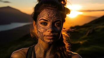 ai généré une femme avec la magie symboles tiré sur sa affronter, à la recherche à le le coucher du soleil dans le Écossais montagnes, appel photo