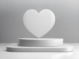ai généré 3d blanc l'amour cœur sur une blanc podium. photo