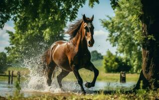 ai généré une cheval fonctionnement par l'eau dans une champ - ai généré photo