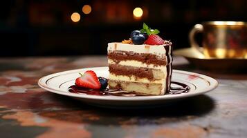 ai généré vue de une nourriture restaurant a une magnifique délicieux tiramisu coloré gâteau sur une assiette photo