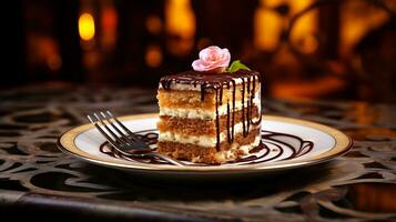 ai généré vue de une nourriture restaurant a une magnifique délicieux tiramisu coloré gâteau sur une assiette photo
