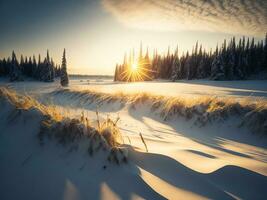 ai généré magnifique hiver paysage avec le coucher du soleil dans le neigeux montagnes, des arbres couvert avec neige photo