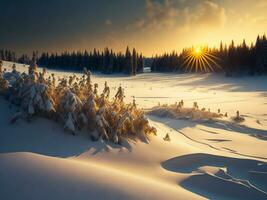 ai généré magnifique hiver paysage avec le coucher du soleil dans le neigeux montagnes, des arbres couvert avec neige photo