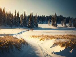 ai généré le coucher du soleil dans le bois entre le des arbres souches dans hiver période. le coucher du soleil dans le forêt photo