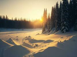 ai généré le coucher du soleil dans le bois entre le des arbres souches dans hiver période. le coucher du soleil dans le forêt photo