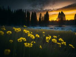 ai généré embrasé des champs de hiver doux concentrer le coucher du soleil Prairie avec Jaune fleurs la nature embrasser. une symphonie de couleurs chaud hiver le coucher du soleil Prairie avec abstrait doux concentrer la nature harmonie. photo