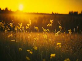 ai généré abstrait doux concentrer le coucher du soleil champ paysage de Jaune fleurs et herbe Prairie chaud d'or heure le coucher du soleil lever du soleil temps. tranquille printemps été la nature fermer et flou forêt Contexte. photo