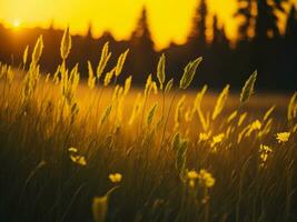 ai généré abstrait doux concentrer le coucher du soleil champ paysage de Jaune fleurs et herbe Prairie chaud d'or heure le coucher du soleil lever du soleil temps. tranquille printemps été la nature fermer et flou forêt Contexte. photo