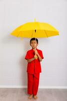 peu garçon mode souriant enfant dans rouge chinois robe, style et mode des idées pour les enfants. chinois Nouveau année photo