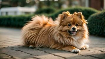 ai généré poméranien loulou chien mignonne charmant pose souriant duveteux poméranie loulou avec arrondi affronter, très content ai génératif photo