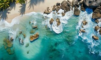 ai généré aérien vue de mer plage vagues sur une tropical île photo