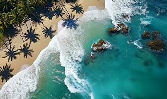 ai généré aérien vue de mer plage vagues sur une tropical île photo