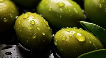 ai généré vert Olives avec gouttes de l'eau photo