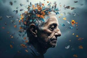 ai généré un personnes âgées homme porte une couronne de fleurs sur le sien diriger. le homme regards calme et contenu, comme si dans une Etat de méditation. Alzheimer concept photo