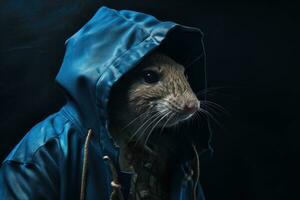 ai généré une rat dans une bleu veste avec une capuche sur une foncé Contexte photo