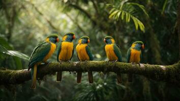 ai généré tropical perroquets séance sur une arbre branche dans le forêt tropicale photo