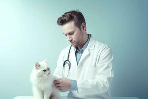 ai généré vétérinaire chat examen dans médical clinique. vétérinaire Masculin homme médecin en portant animal de compagnie chaton photo