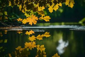 ai généré l'automne feuilles sur le l'eau photo