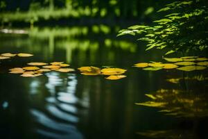 ai généré Jaune feuilles flotte sur le l'eau dans une étang photo