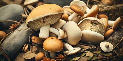 ai généré une pile de champignons séance sur Haut de une pile de feuilles, ai photo