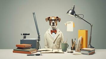 ai généré une chien portant des lunettes et une costume séance à une bureau, ai photo