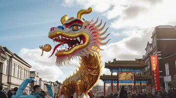 ai généré chinois dragon en dessous de une brillant ciel. ai généré photo