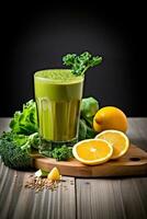 ai généré une vert smoothie avec des oranges et brocoli sur une Coupe conseil, ai photo