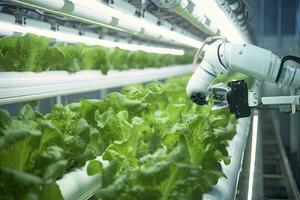 ai généré automatique agricole La technologie avec fermer vue de robotique bras récolte salade dans verticale hydroponique plante. ai généré photo