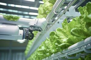 ai généré automatique agricole La technologie avec fermer vue de robotique bras récolte salade dans verticale hydroponique plante. ai généré photo