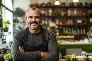 ai généré une homme permanent dans de face de une table avec végétaux, ai photo