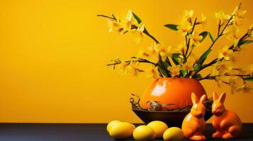 ai généré une vase rempli avec Jaune fleurs suivant à certains des oranges, ai photo