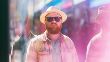 ai généré une homme portant une chapeau et des lunettes de soleil permanent suivant à un autre homme, ai photo