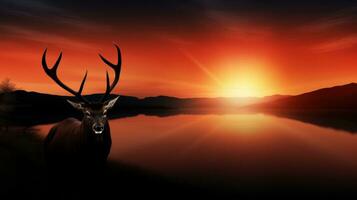 ai généré une cerf permanent dans de face de une Lac à coucher de soleil, ai photo