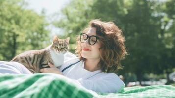 ai généré une femme pose sur une lit en portant une chat, ai photo